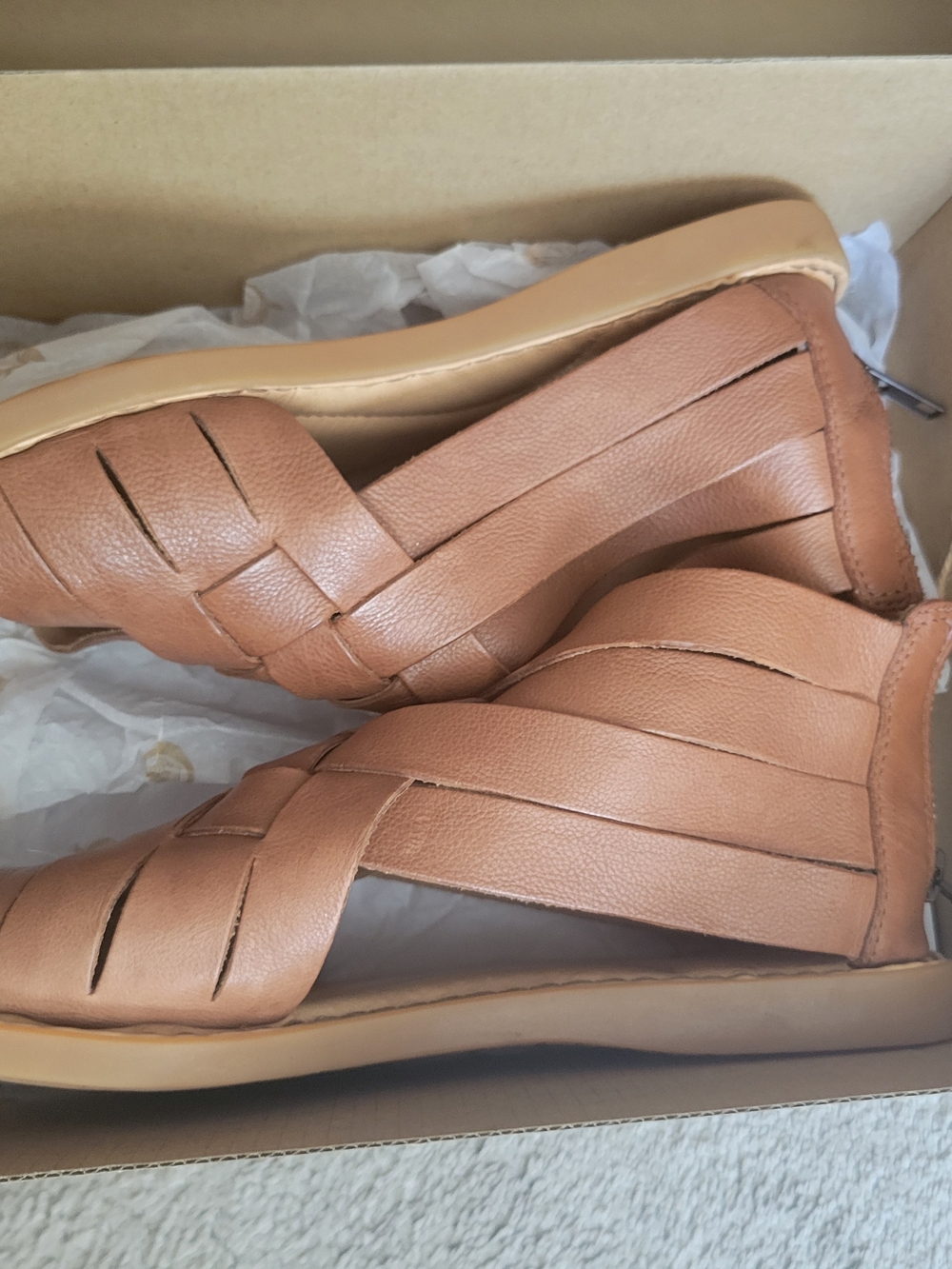 Born Tan Woven Leather Sandals with Back Zipper